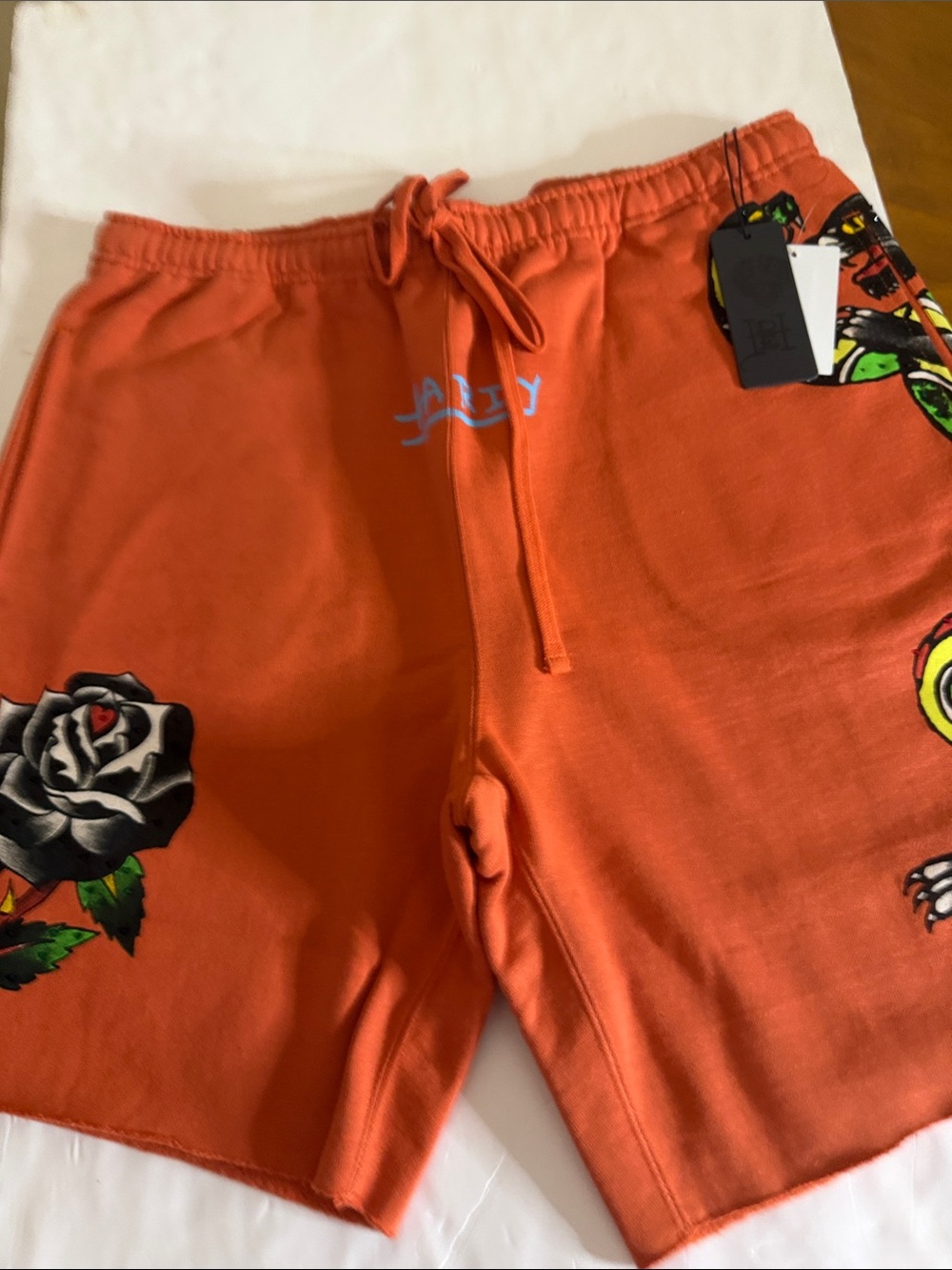 Ed Hardy  thick quality 100 percent Panther Orange Graphic Drawstring shorts